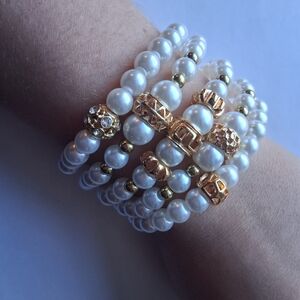 Hand Crafted Faux Pearl and Gold Bracelet